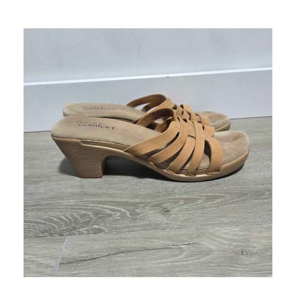 Strictly Comfort Tan Leather Strappy Faux Wooden Heeled Sandals Size 9